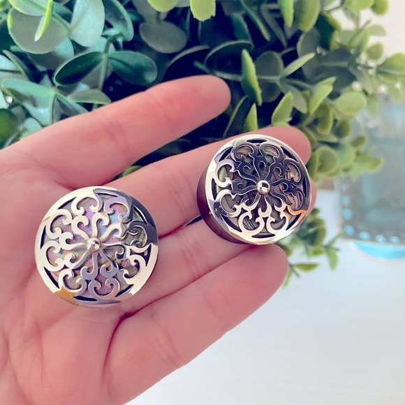 Rare Sterling Silver wood abalone shell Tunnels Ear Gauges Ear Tunnels Plugs
